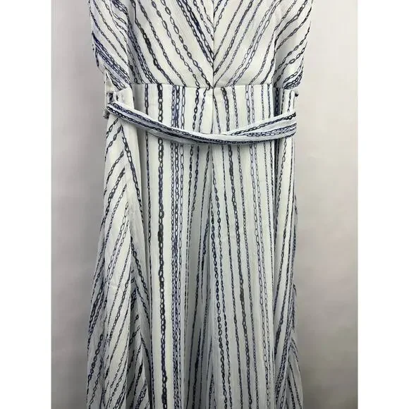 DKNY Wrap Dress, Blue White Chain Stripe, Sleeveless, Belted Asymmetrical Hem - Picture 10 of 13